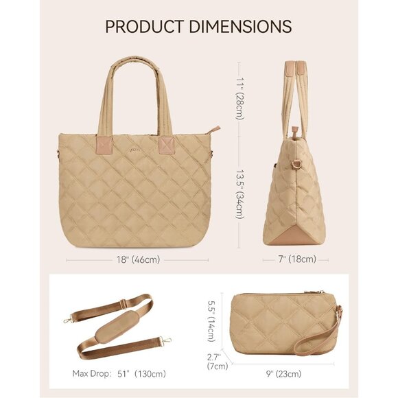 Prite Women Brown Polyester Compartment Quilted Puffer Shoulder Tote Work Bag - Picture 5 of 7